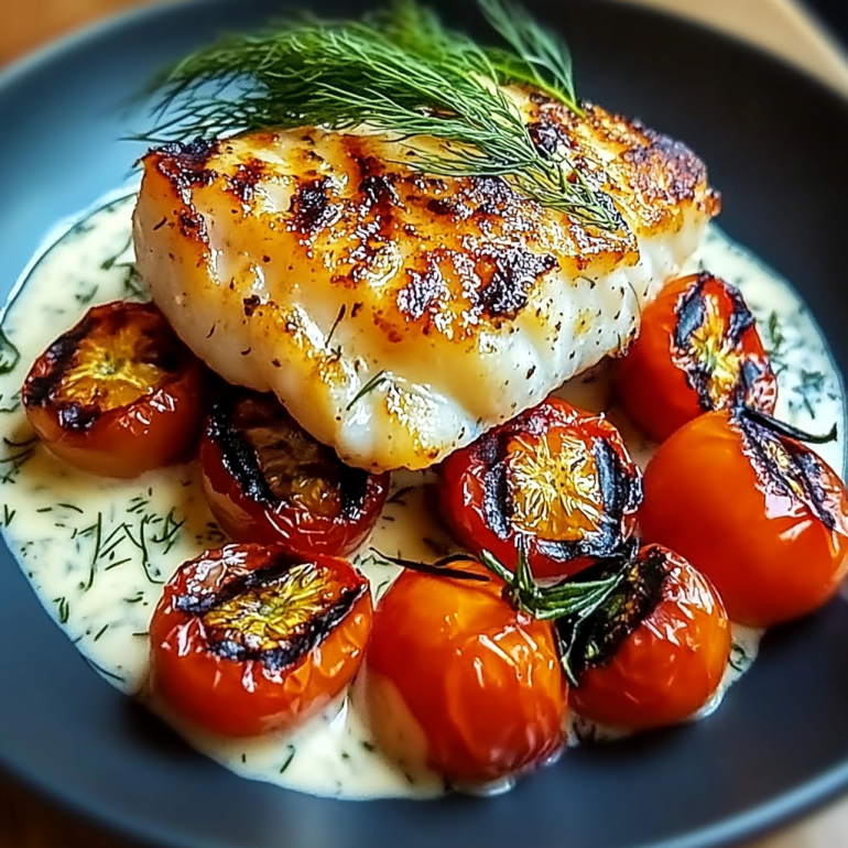 Grilled Cod with Roasted Tomatoes and Creamy Dill Sauce for a Delightful Dinner!