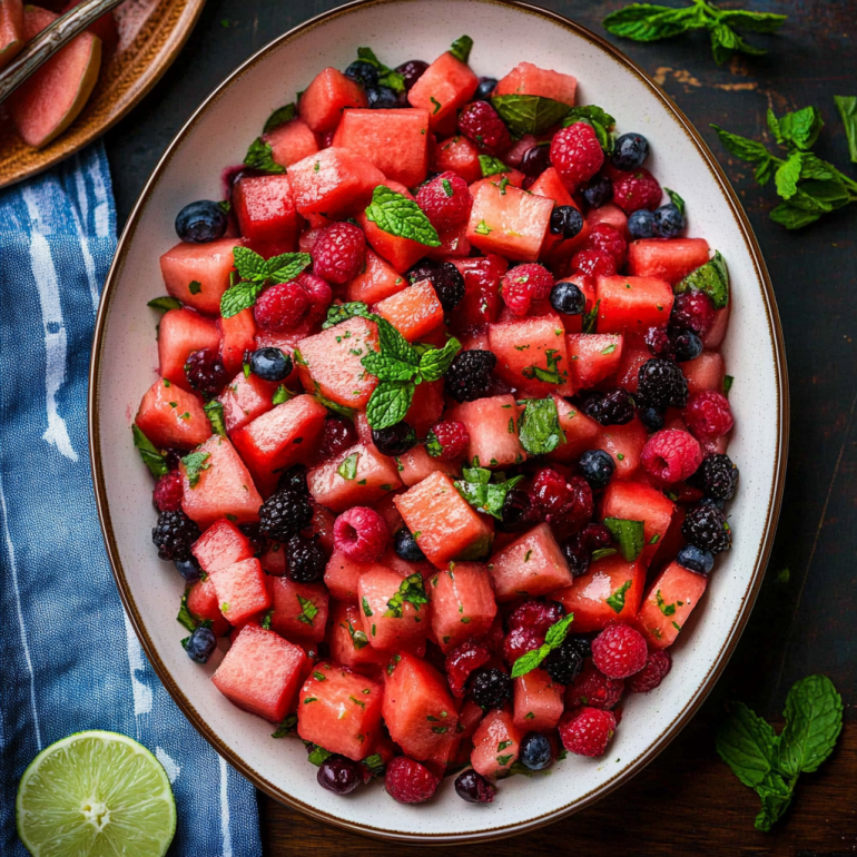 Refreshing Watermelon Berry Salad with Lime-Mint Dressing Awaits You!