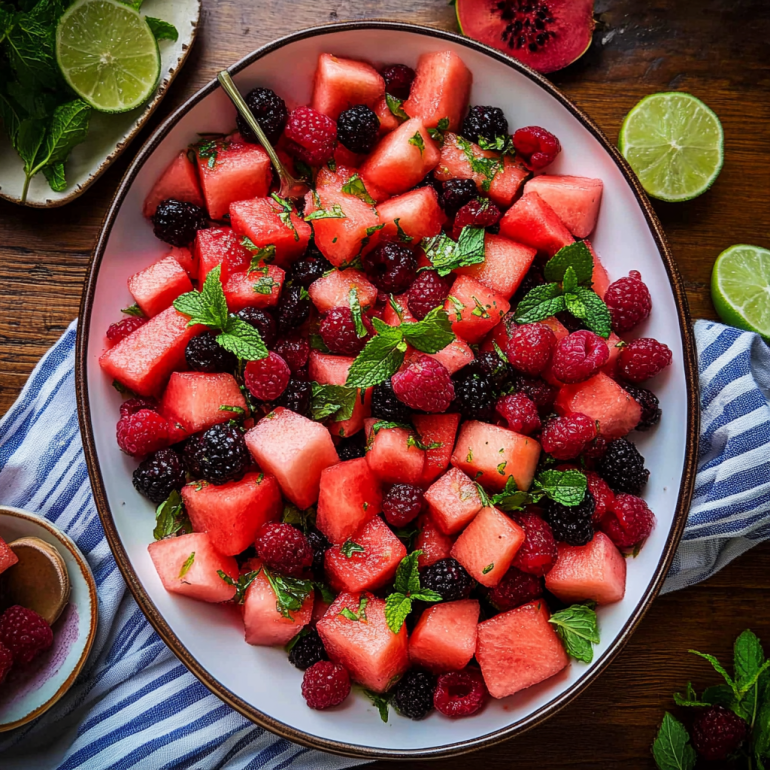 Watermelon Berry Salad with Lime Mint Dressing delights!