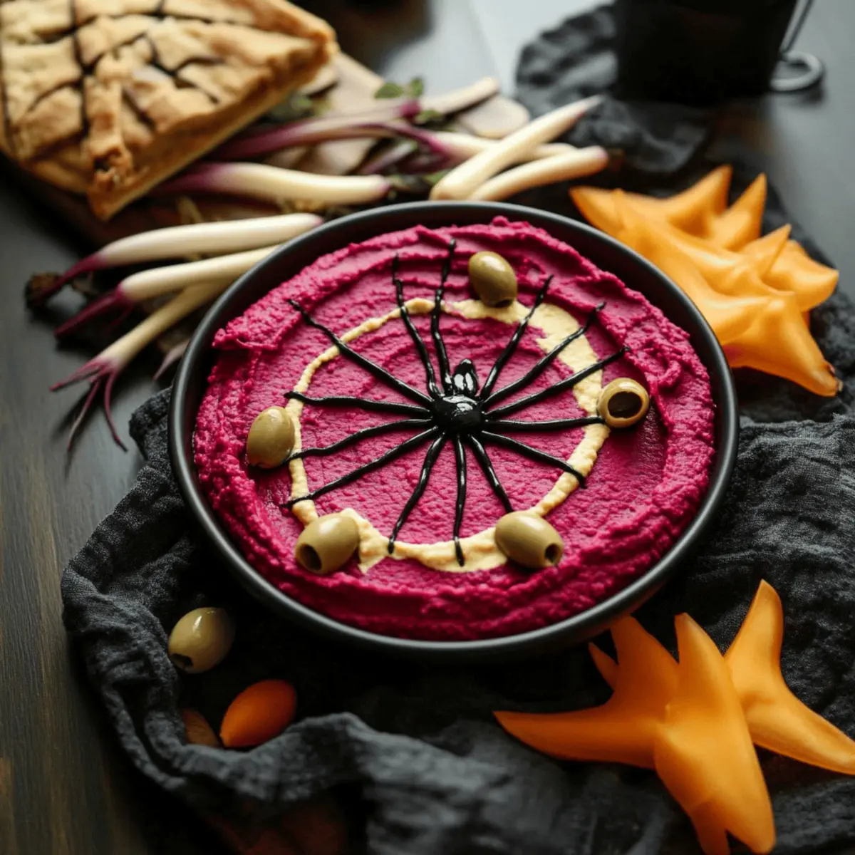 Bloody Beet Hummus with Cheese Web: A Spooky Delight!
