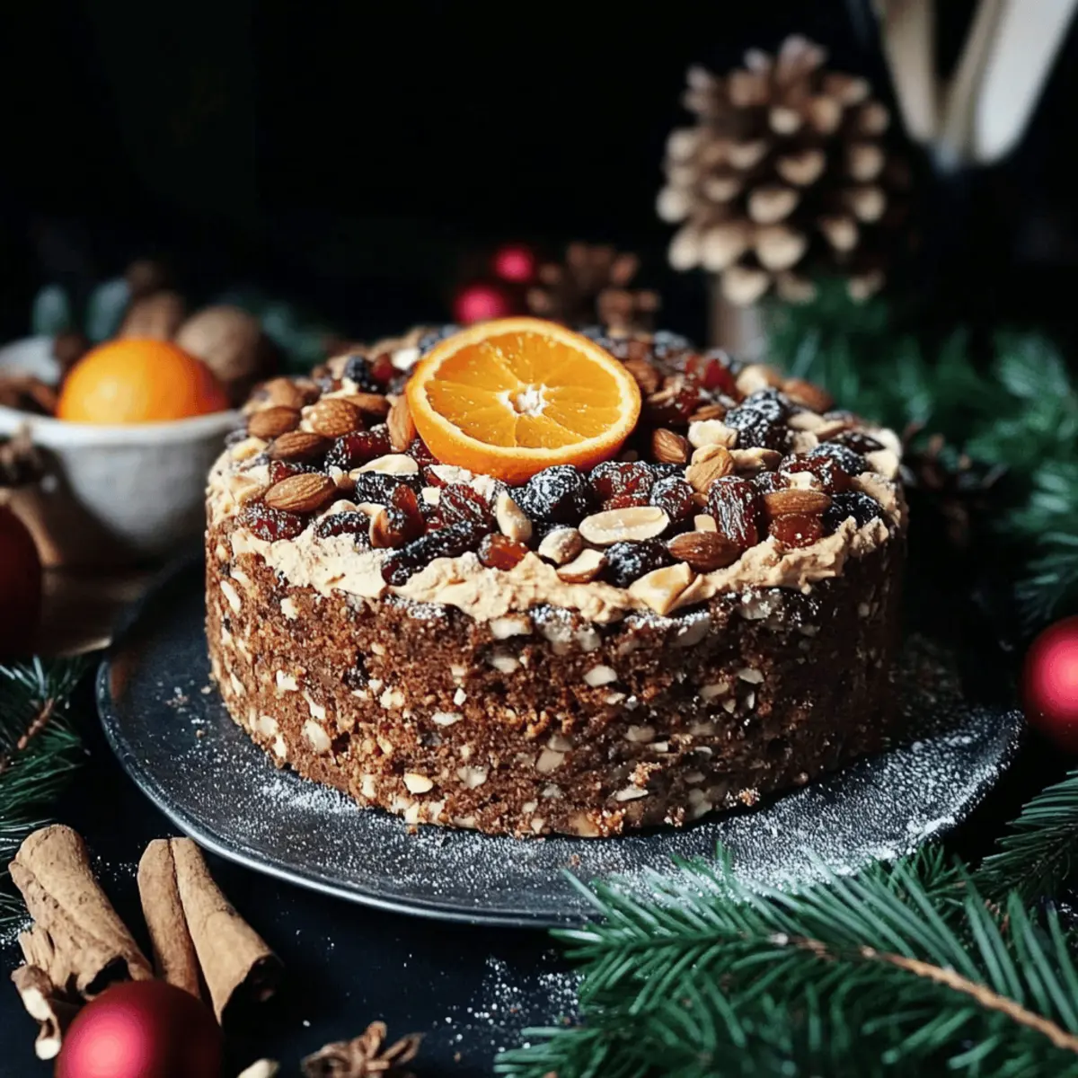 Rich Fruit and Nut Cake with Orange Cardamom Cashew Cream