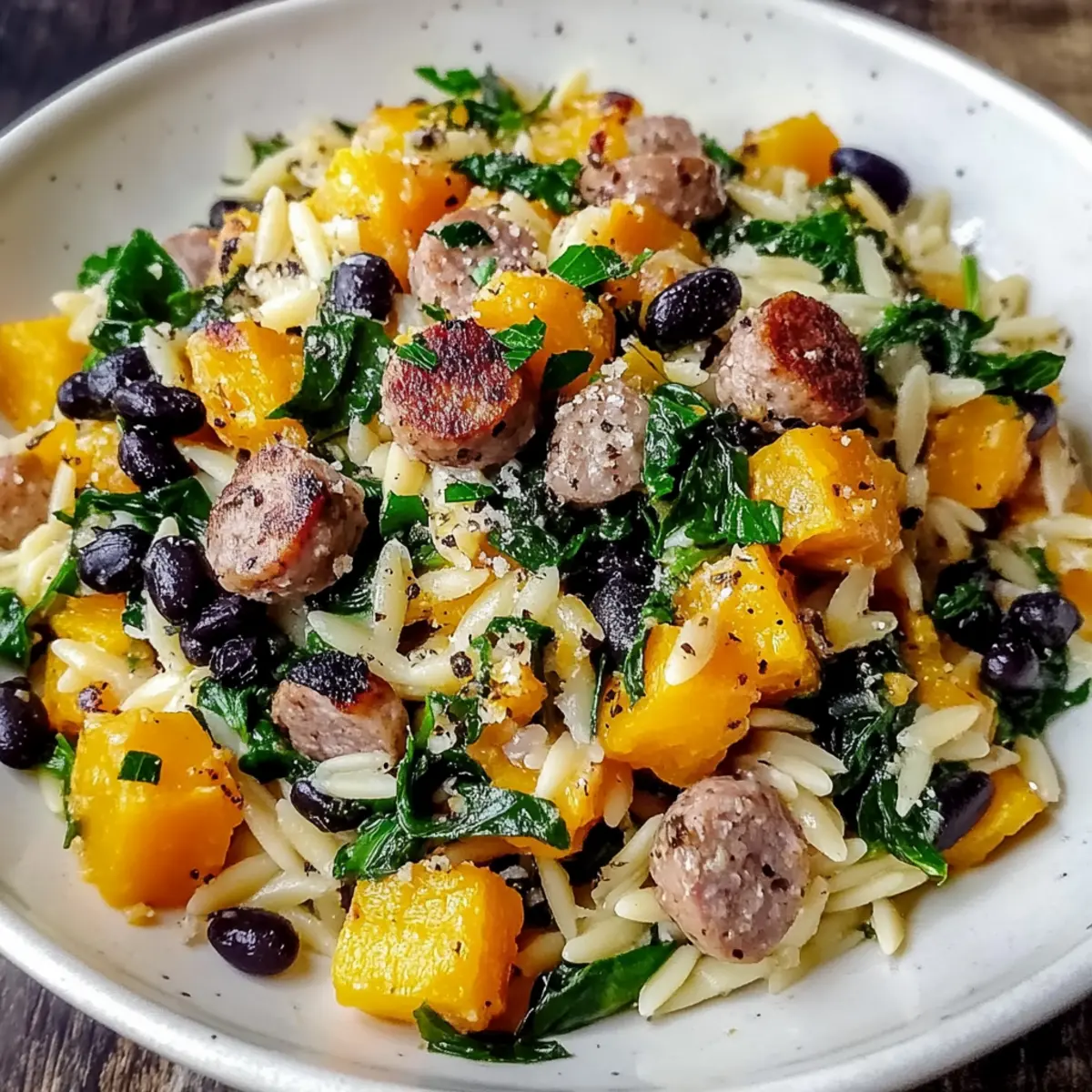 Butternut Squash and Black Bean Orzo with Sausage and Spinach Delight