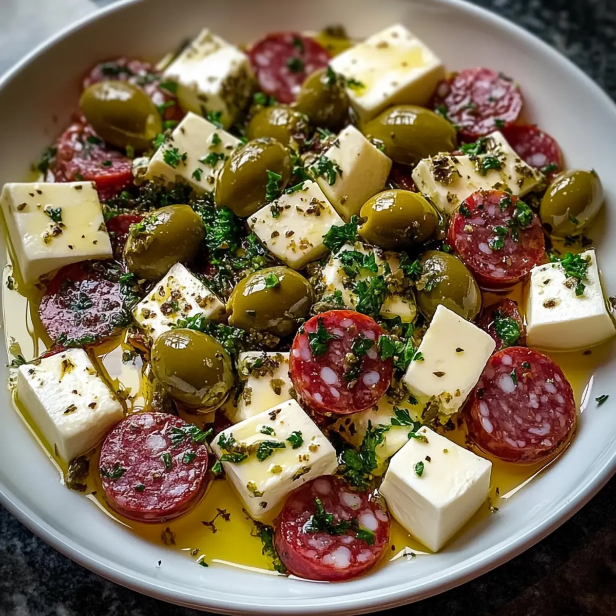 Marinated Cheese Appetizer with Salami & Green Olives Bliss