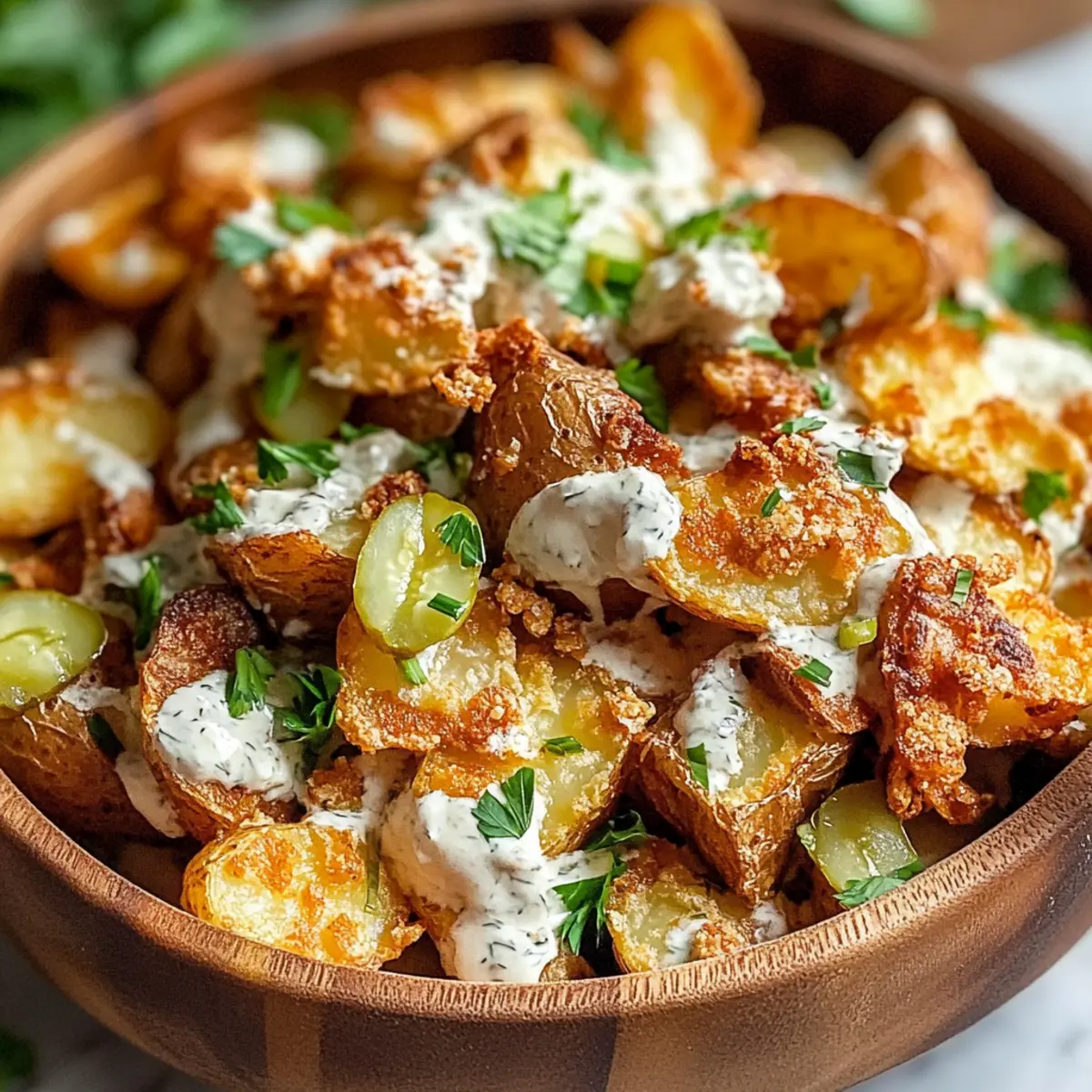 Crispy Smashed Potato Salad with Creamy Tangy Twist