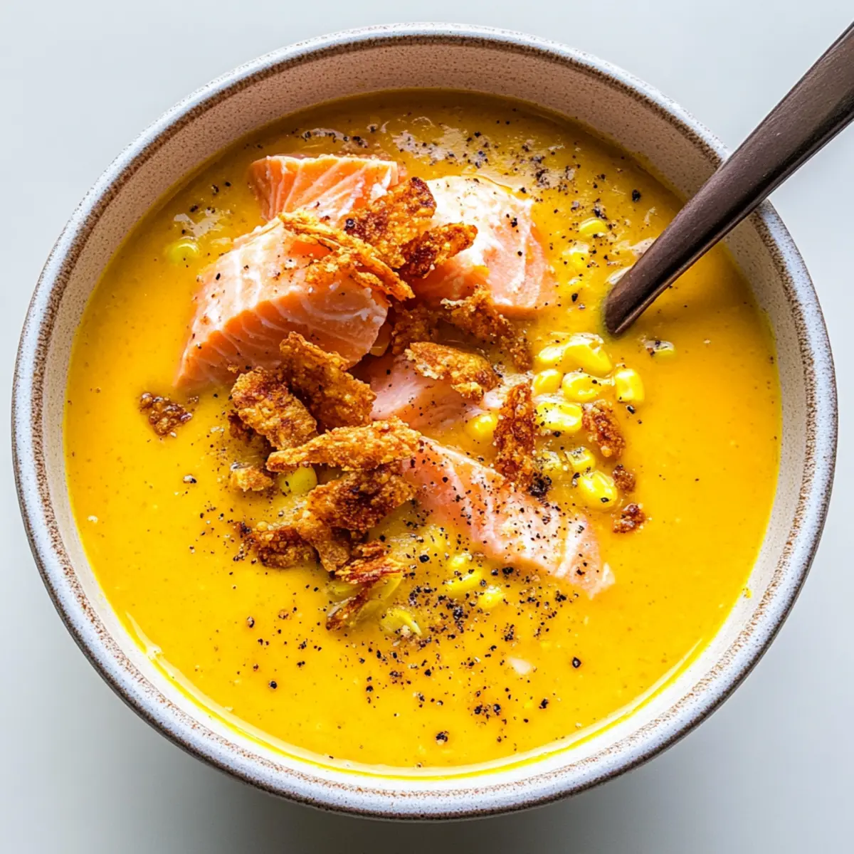 Refreshing Corn Gazpacho with Salmon and Crispy Rice Delight