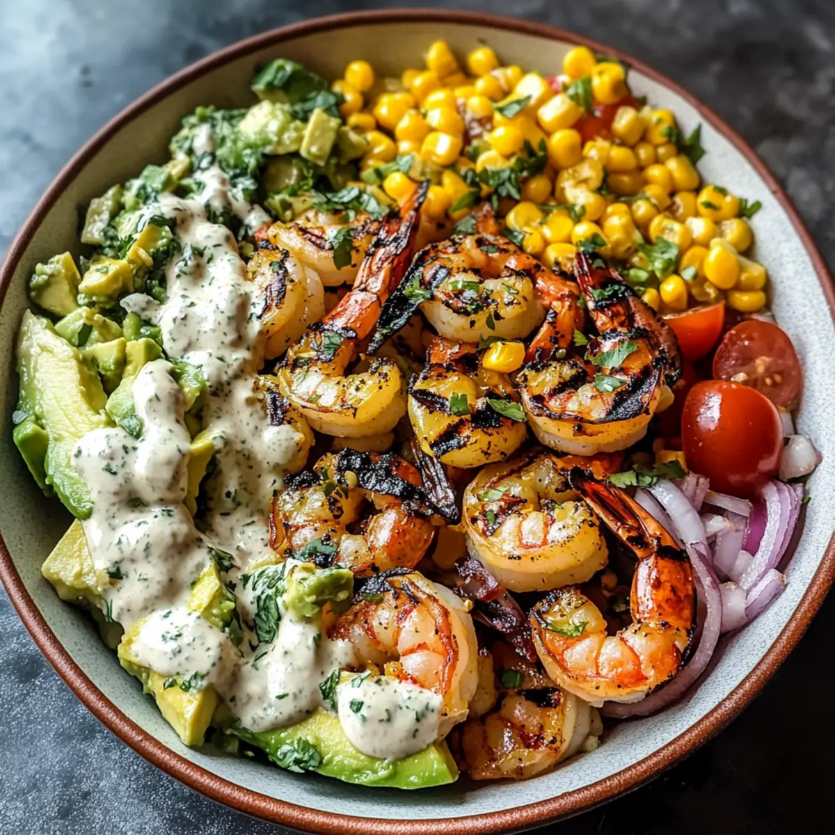 Shrimp Bowl With Avocado, Corn Salsa & Creamy Garlic Sauce Delight