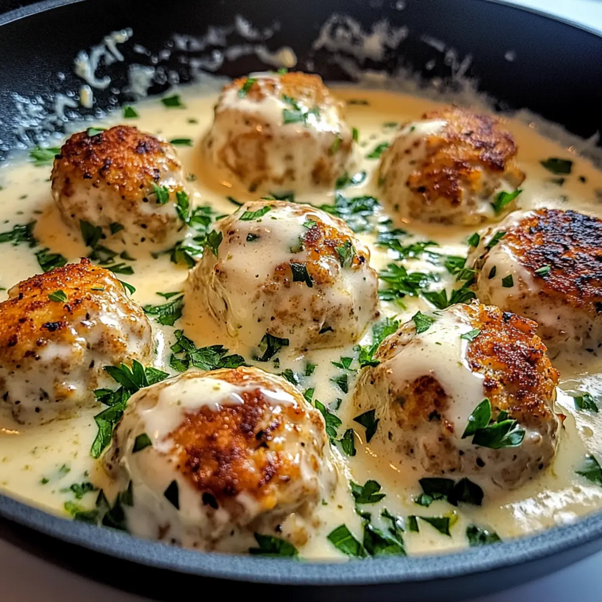 Garlic-Parmesan Chicken Meatballs in Creamy Comfort Sauce