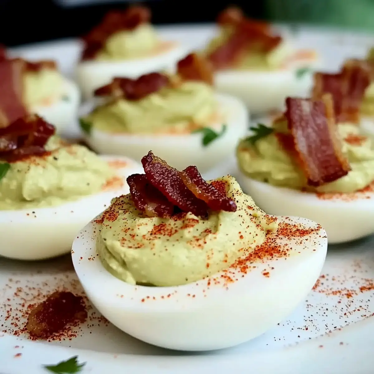 Bacon Sriracha Avocado Deviled Eggs with a Spicy Twist