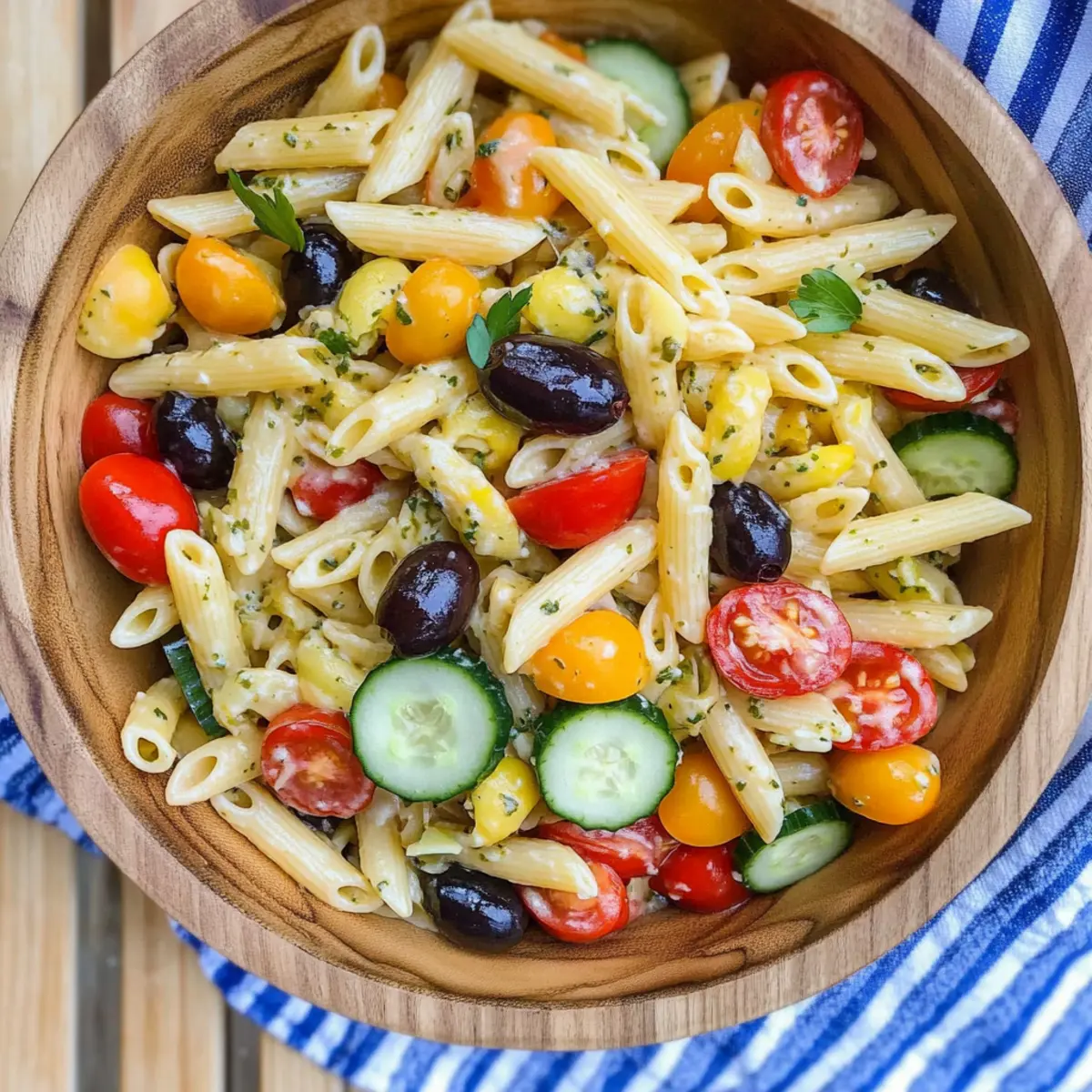 Penne Pasta Salad with Tomatoes, Cucumbers, and Olives Delight