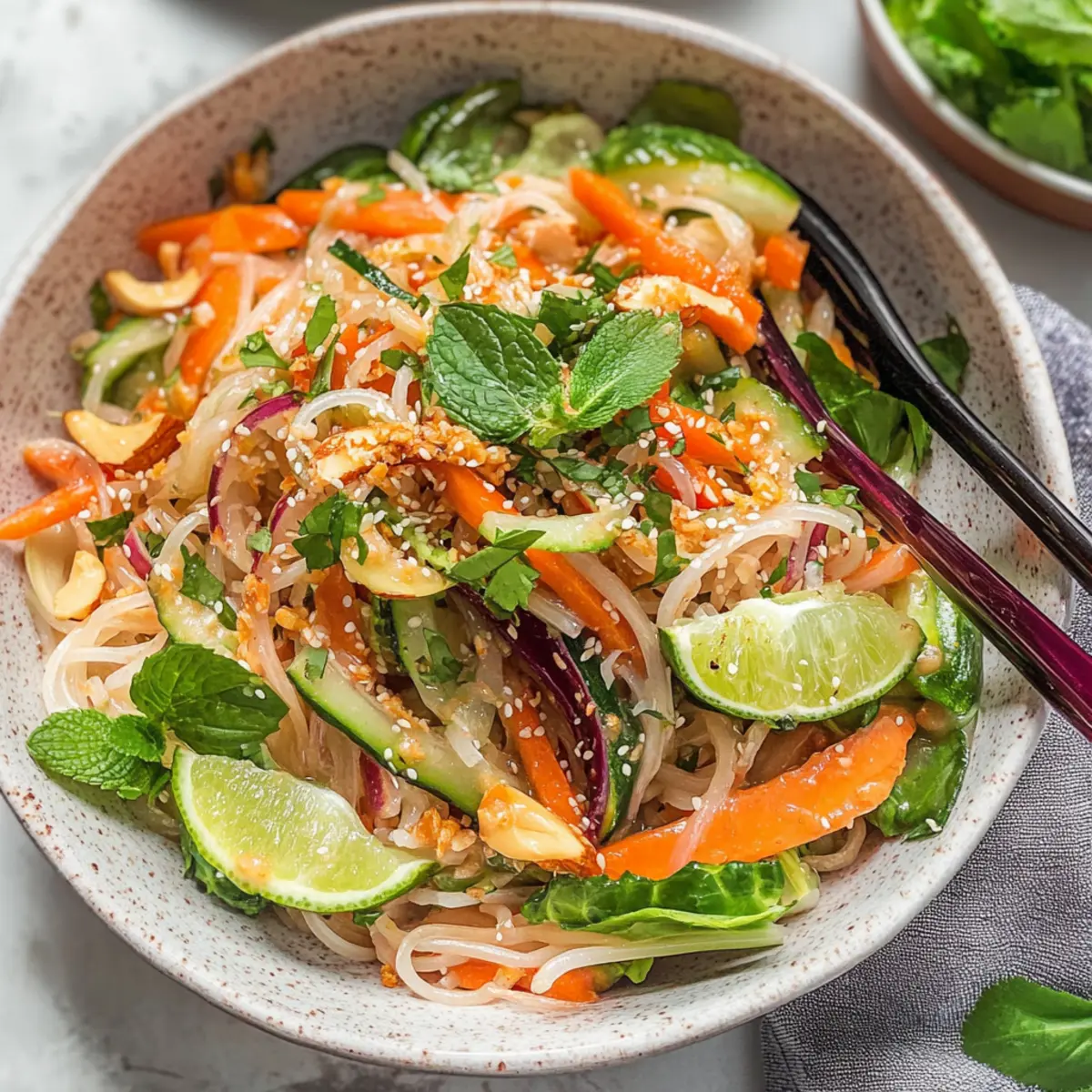 Colorful Vegetable Rice Noodle Salad with Zesty Almond Dressing
