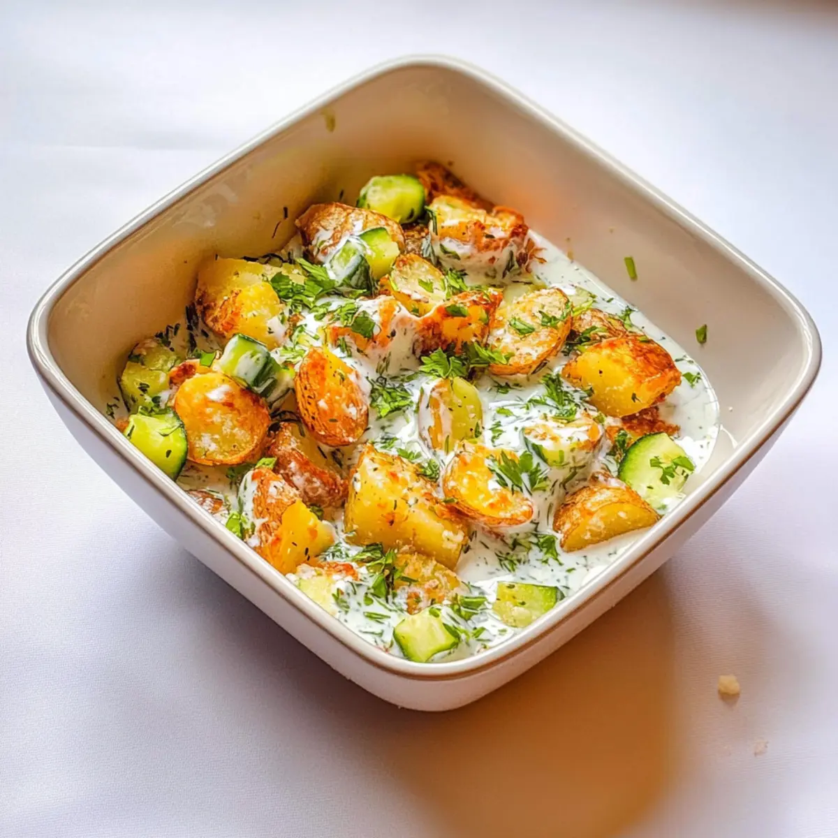 Crispy Smashed Potato Salad with Creamy Greek Twist
