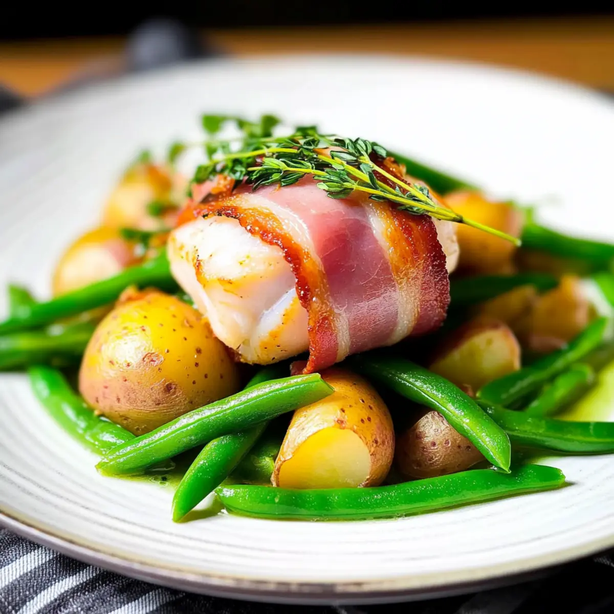 Bacon Wrapped Monkfish with Potatoes and Samphire Delight