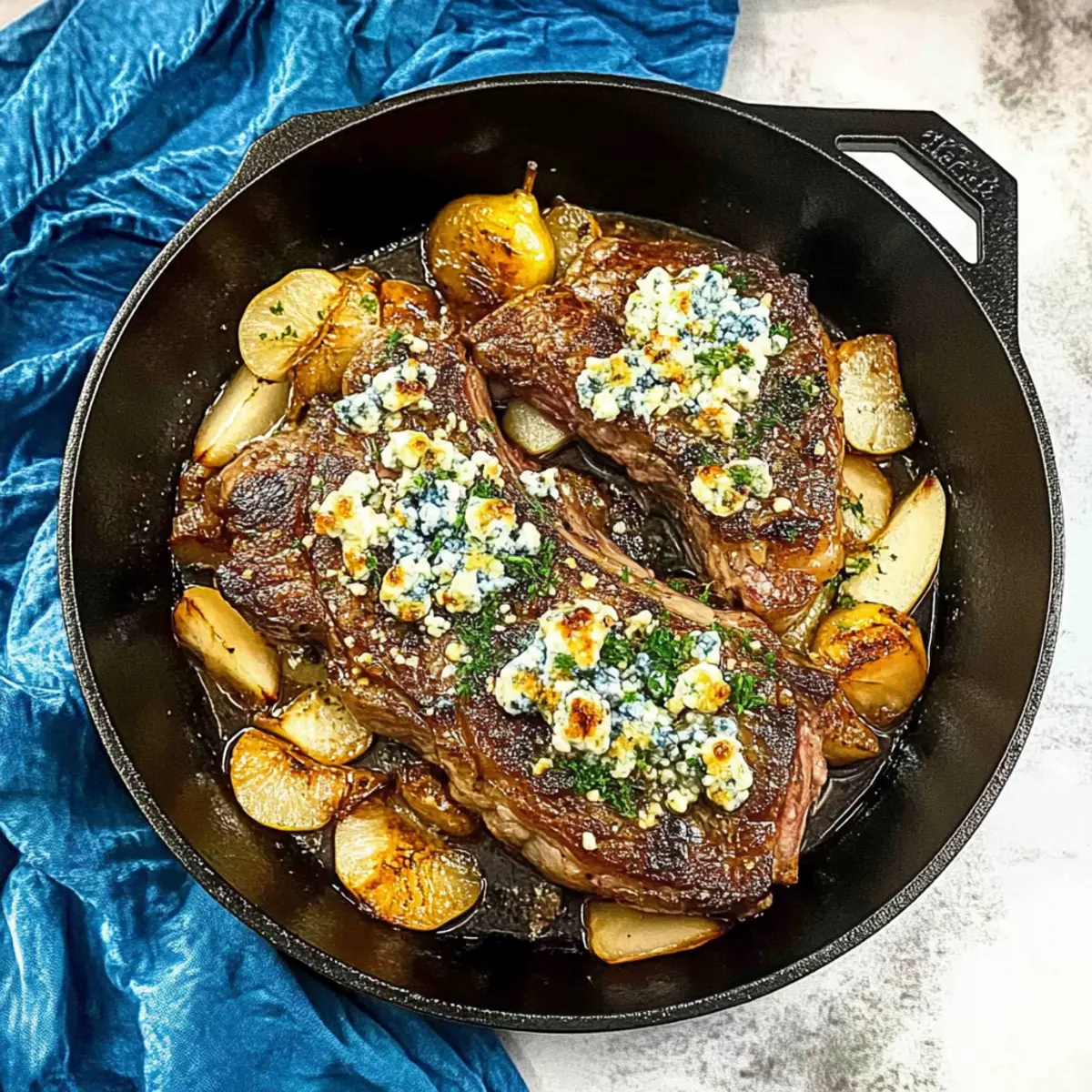 Savor Cast Iron Ribeye Steak with Pears and Blue Cheese Today