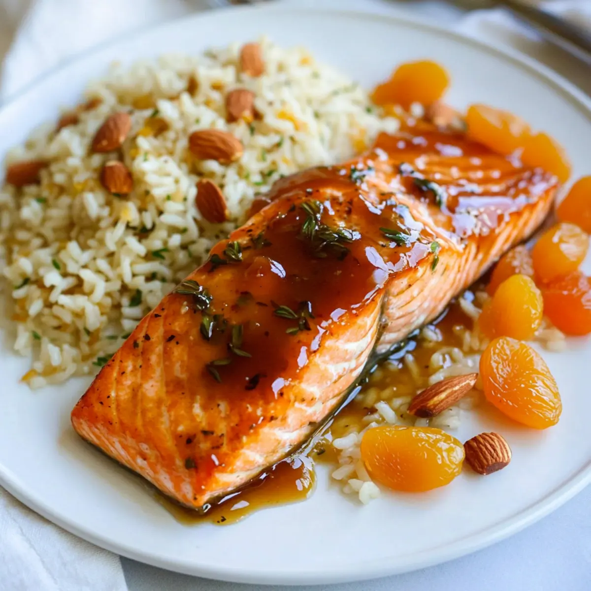 Apricot Ginger Salmon with Almond & Thyme Rice Pilaf Bliss