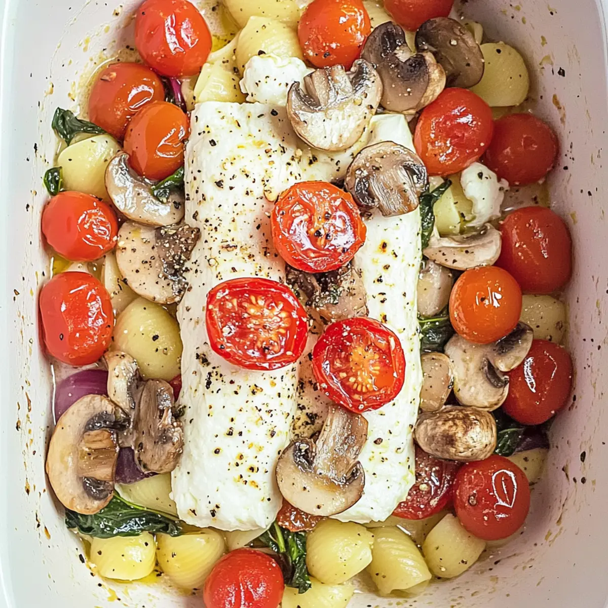 Creamy Baked Goat Cheese Pasta with Spinach and Mushrooms